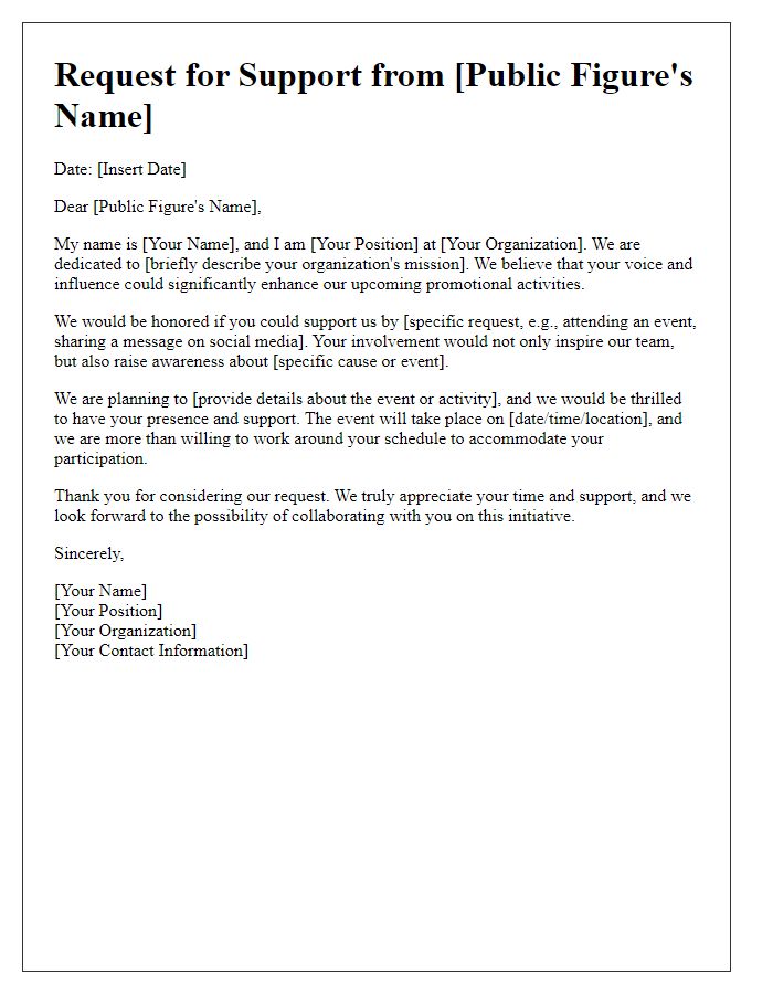 Letter template of request for public figure support in promotional activities.