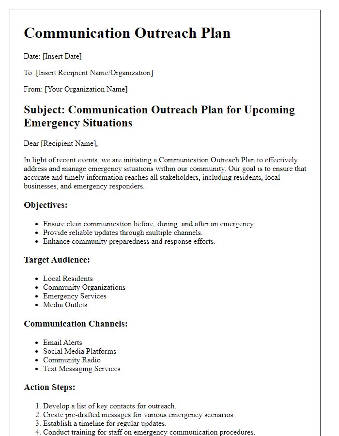 Letter template of communication outreach plan for emergency situations