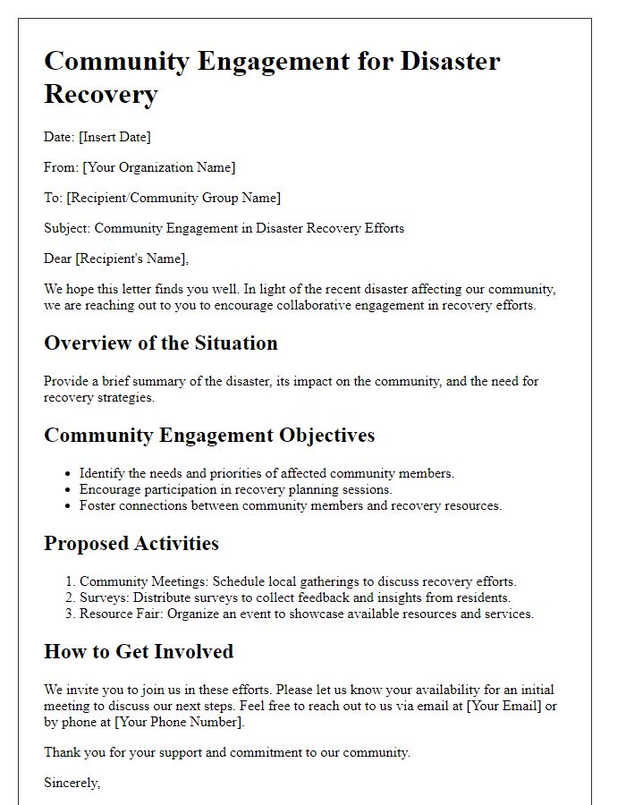 Letter template of community engagement outline for disaster recovery