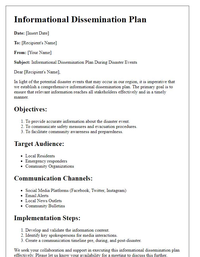 Letter template of informational dissemination plan during disaster events