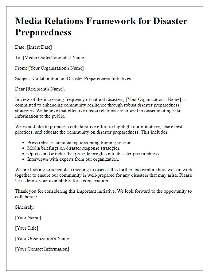 Letter template of media relations framework for disaster preparedness