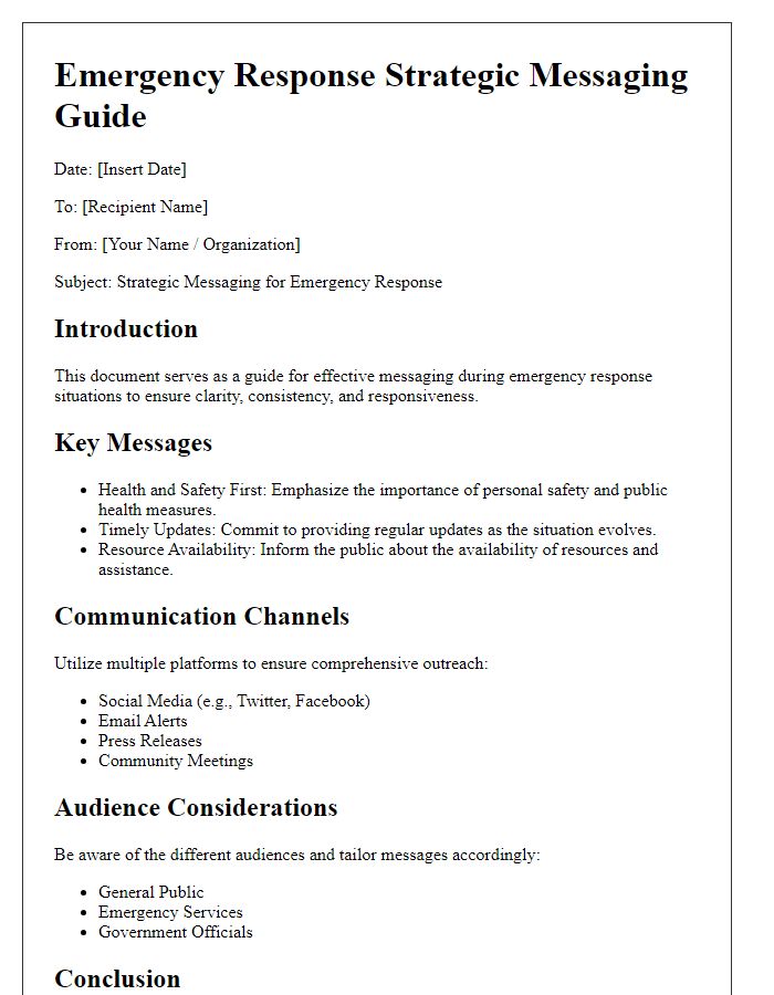 Letter template of strategic messaging guide for emergency response