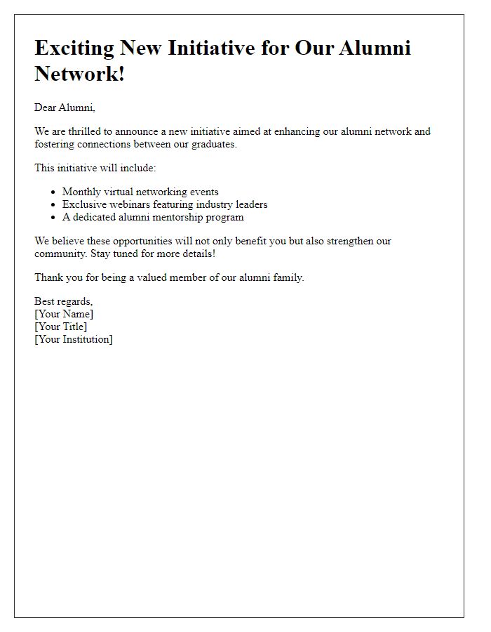 Letter template of announcing a new initiative to the alumni network