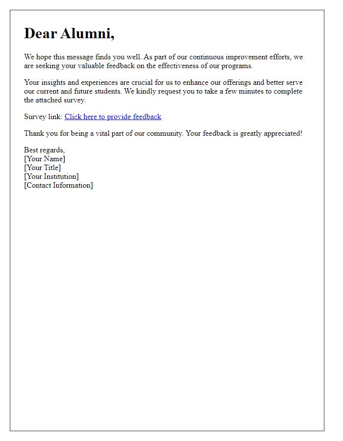 Letter template of gathering feedback from alumni network on program effectiveness