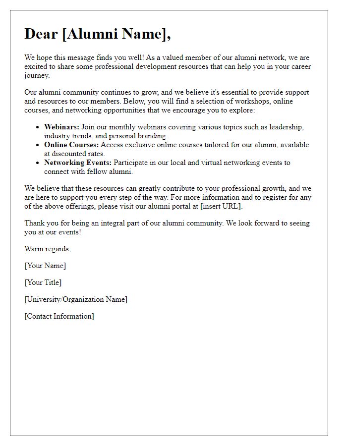 Letter template of offering professional development resources to alumni network