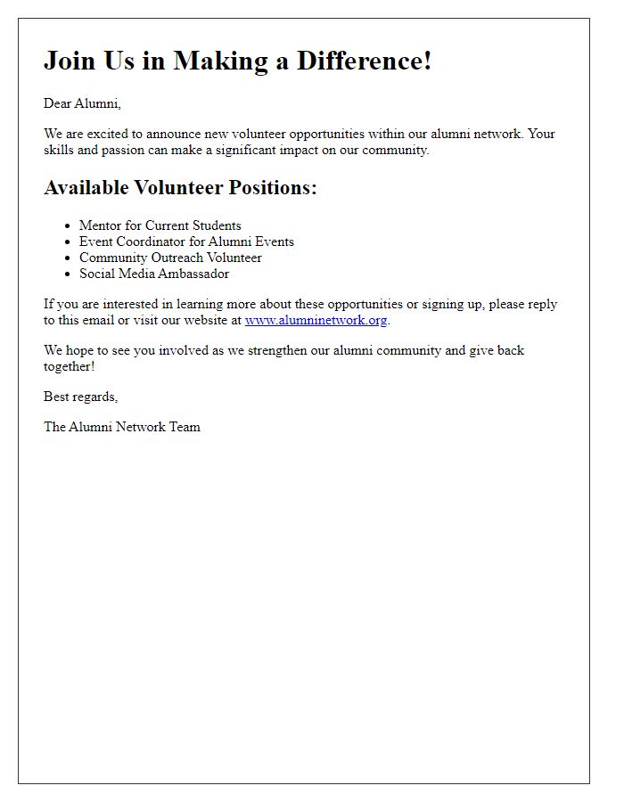 Letter template of promoting volunteer opportunities within the alumni network