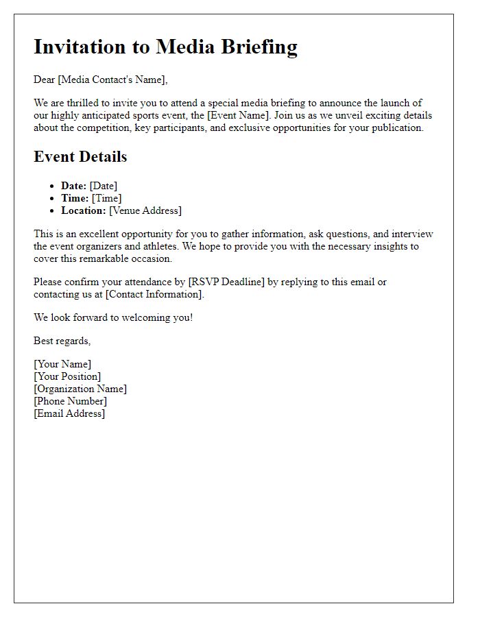 Letter template of media briefing invitation for a sports launch event.