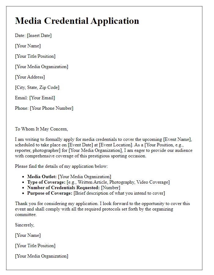 Letter template of media credential application for a sporting occasion.