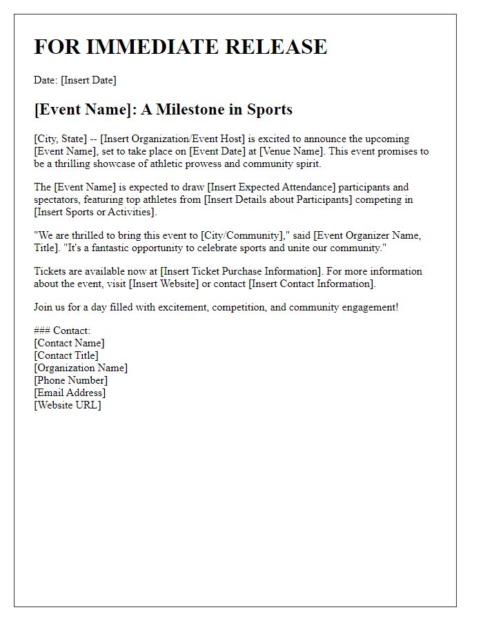 Letter template of press release regarding a sports event.