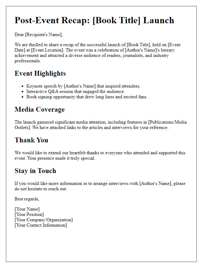 Letter template of post-event recap for book launch media