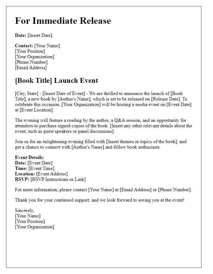 Letter template of press release for book launch media event