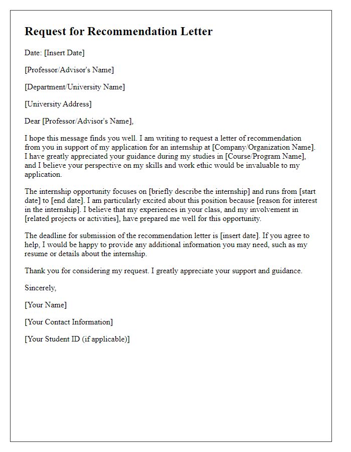 Letter template of academic recommendation request for internship opportunity