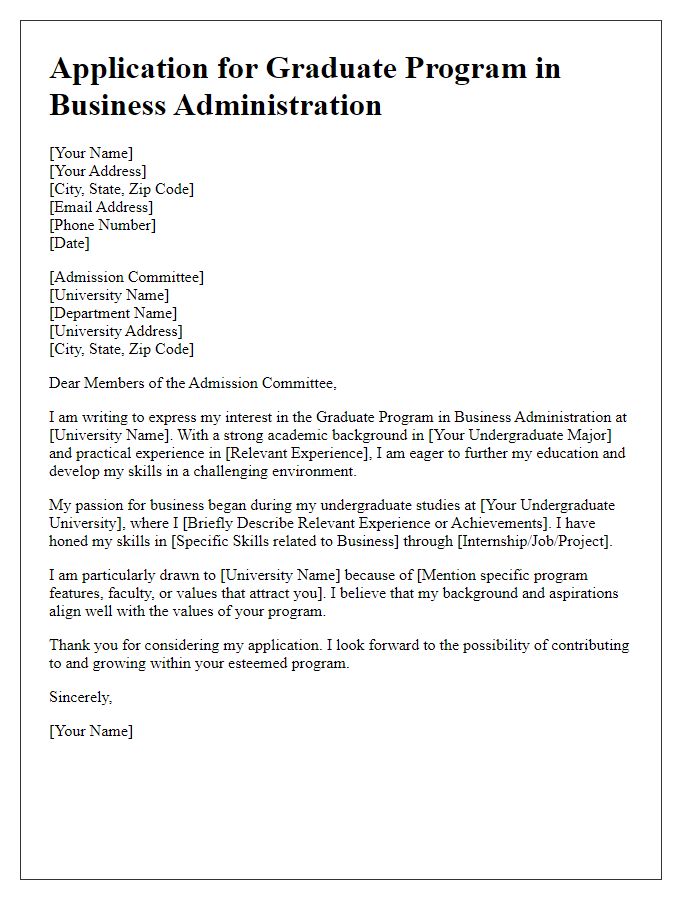 Letter template of graduate program application for business applicants