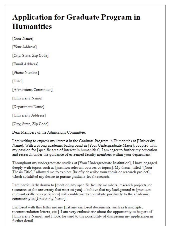 Letter template of graduate program application for humanities fields