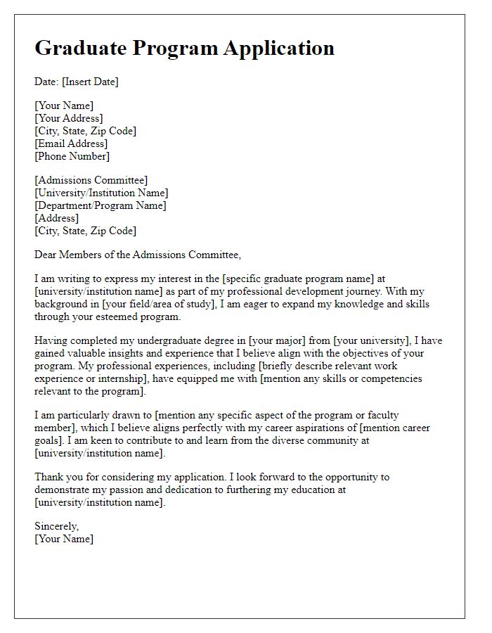 Letter template of graduate program application for professional development programs