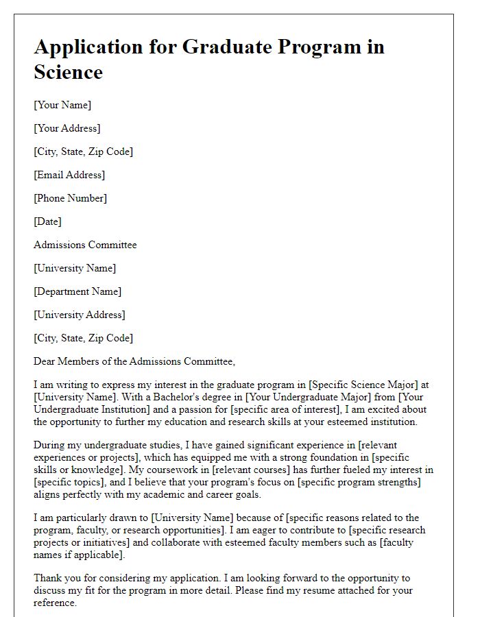 Letter template of graduate program application for science majors