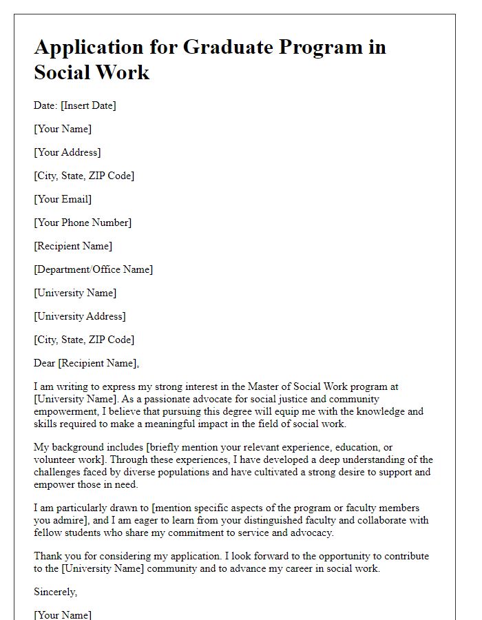 Letter template of graduate program application for social work candidates