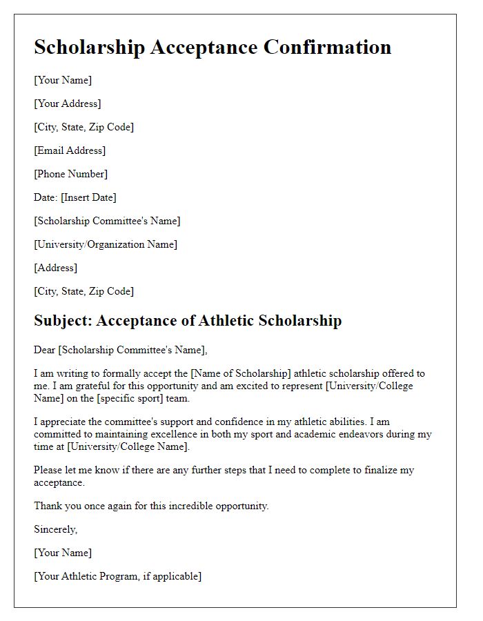 Letter template of scholarship acceptance confirmation for athletic scholarships