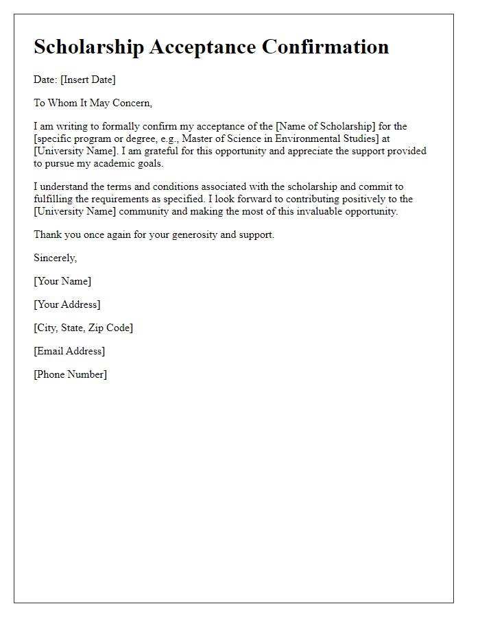 Letter template of scholarship acceptance confirmation for graduate students