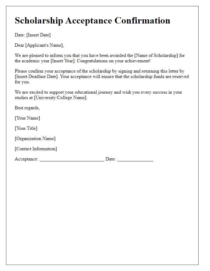 Letter template of scholarship acceptance confirmation for undergraduate applicants