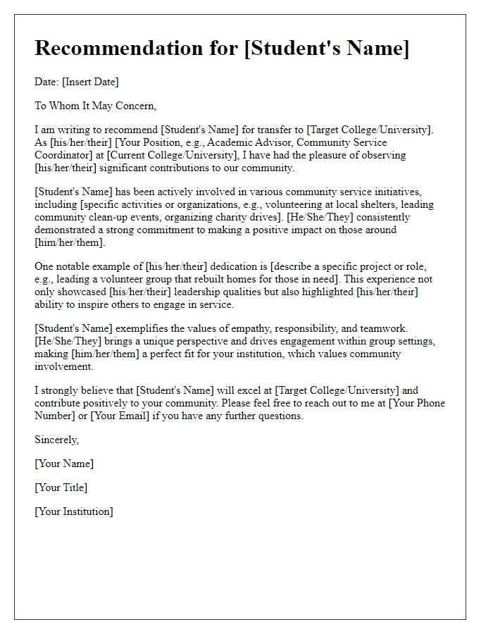 Letter template of college transfer recommendation focused on community involvement.