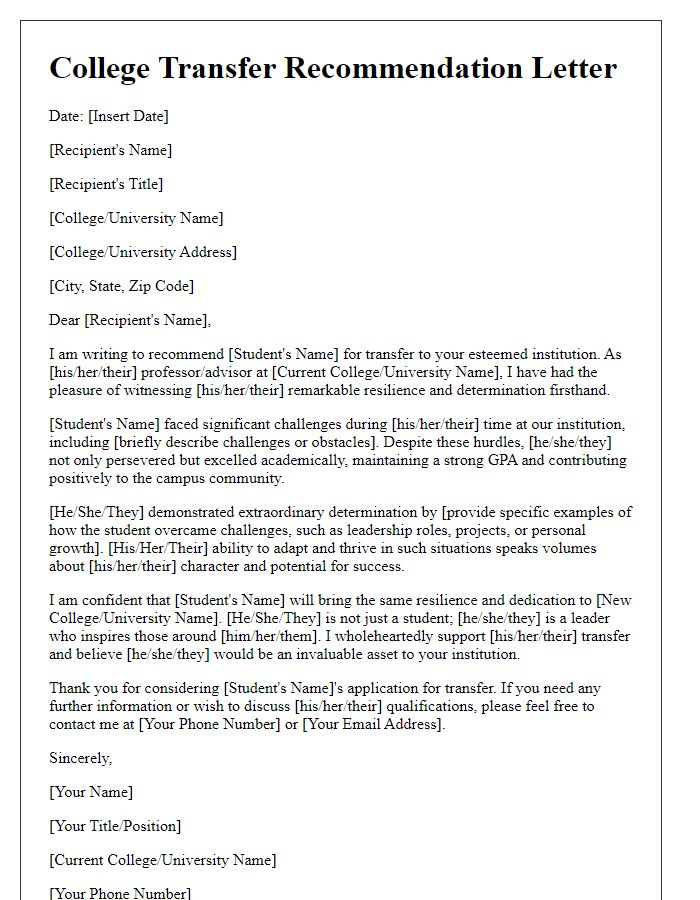 Letter template of college transfer recommendation showcasing resilience and determination.