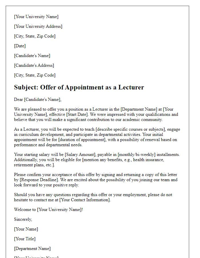 Letter template of faculty appointment offer for a lecturer role