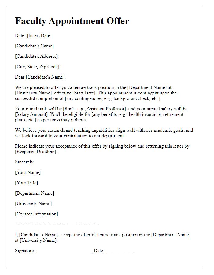 Letter template of faculty appointment offer for a tenure-track position