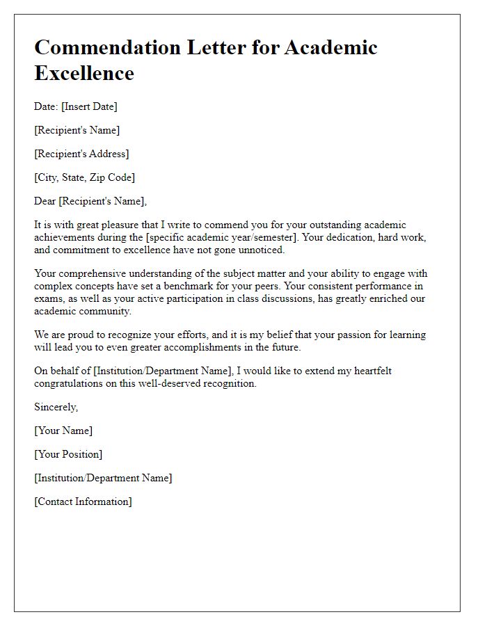 Letter template of academic excellence commendation