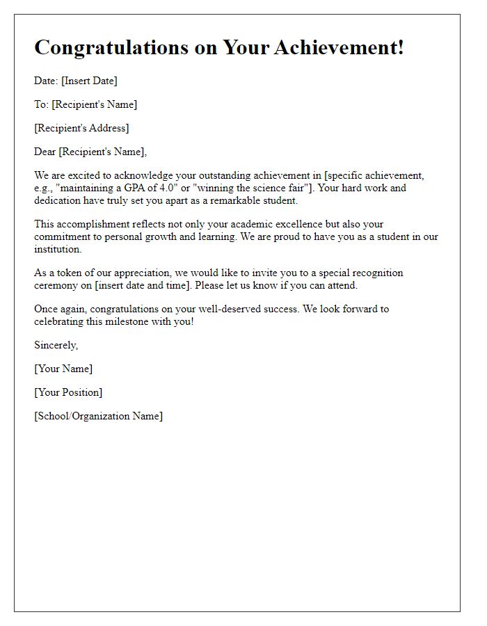 Letter template of scholastic achievement acknowledgment