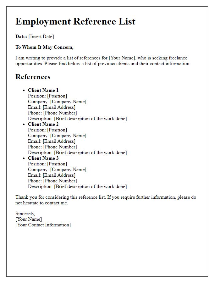 Letter template of employment reference list for freelance opportunities