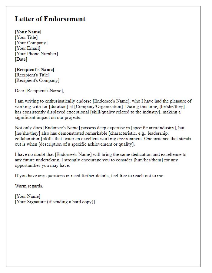 Letter template of professional endorsements for networking purposes