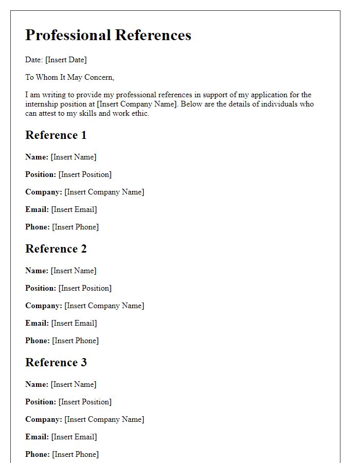 Letter template of professional references for internship application