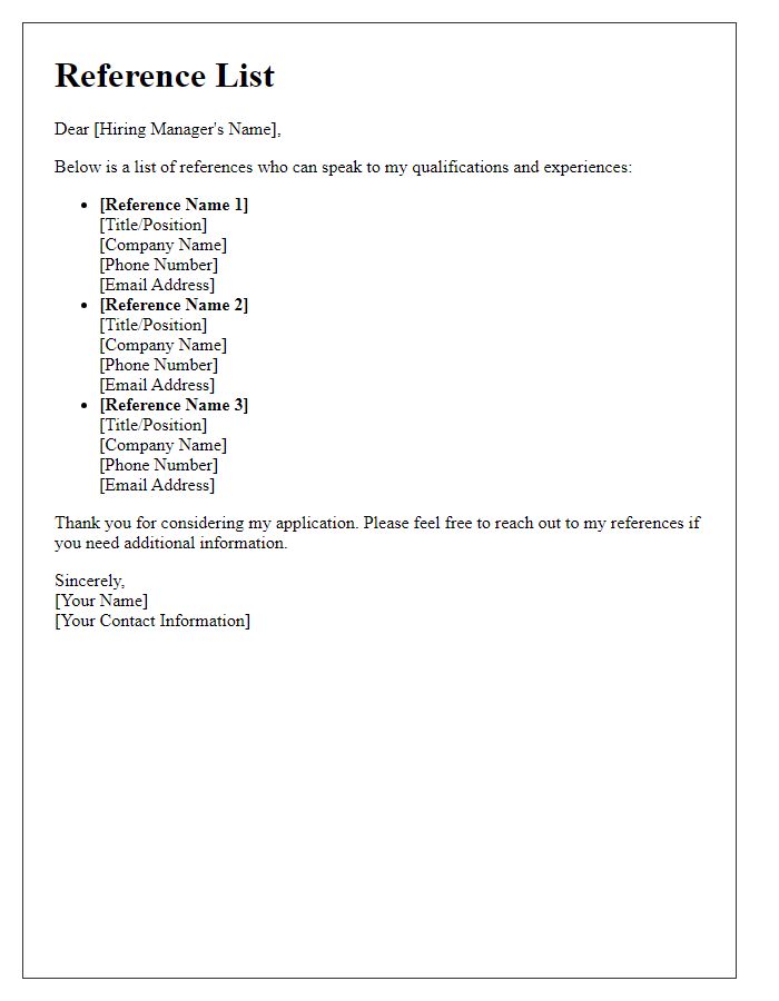 Letter template of reference list for job application submission