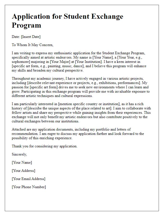 Letter template of student exchange program application for artistic endeavors