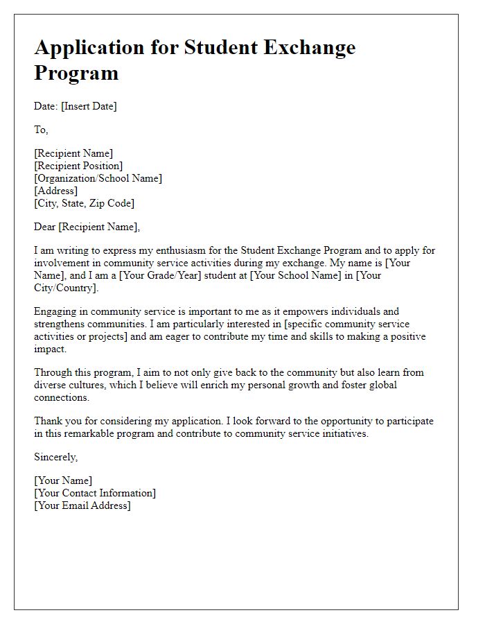 Letter template of student exchange program application for community service involvement