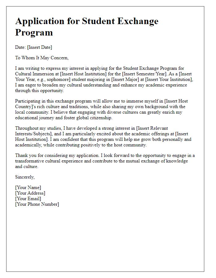 Letter template of student exchange program application for cultural immersion