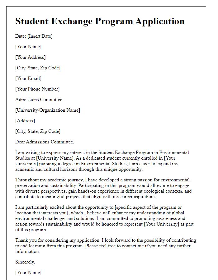 Letter template of student exchange program application for environmental studies