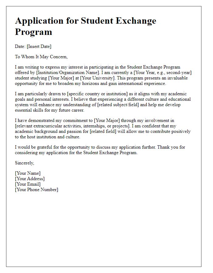 Letter template of student exchange program application for international experience