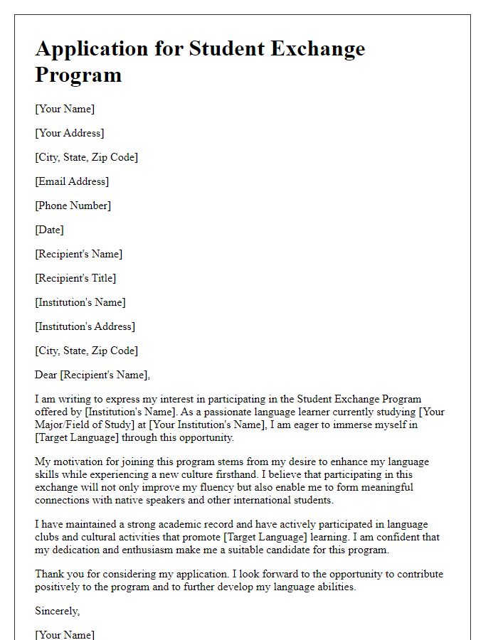 Letter template of student exchange program application for language learning