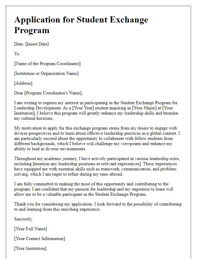 Letter template of student exchange program application for leadership development