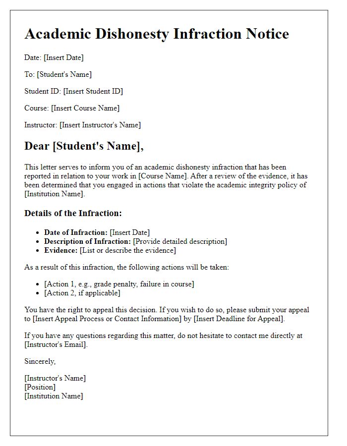 Letter template of academic dishonesty infraction details.