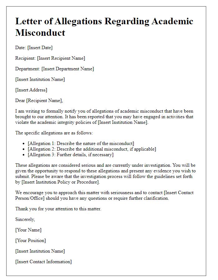 Letter template of allegations regarding academic misconduct.