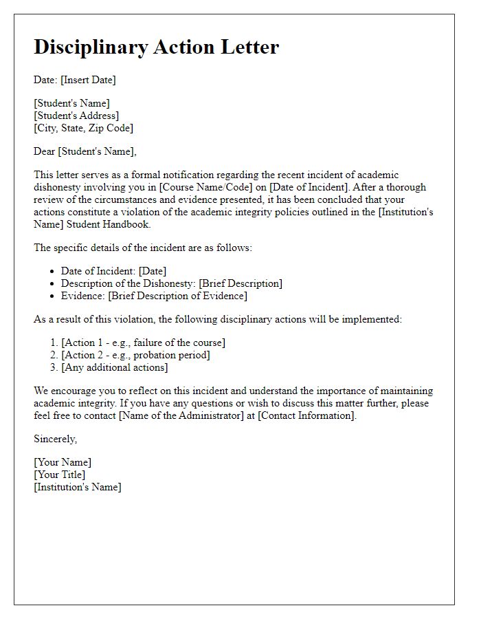 Letter template of disciplinary action for academic dishonesty.