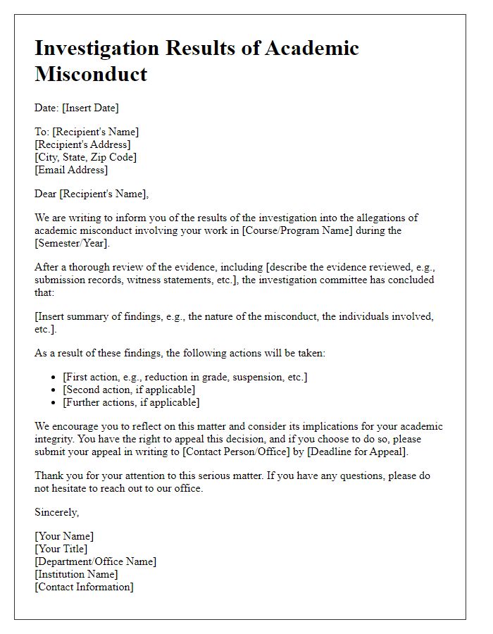 Letter template of investigation results for academic misconduct.