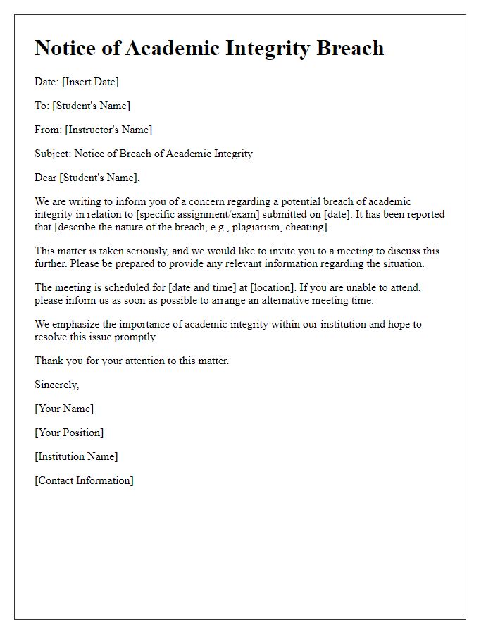 Letter template of notice for academic integrity breach.