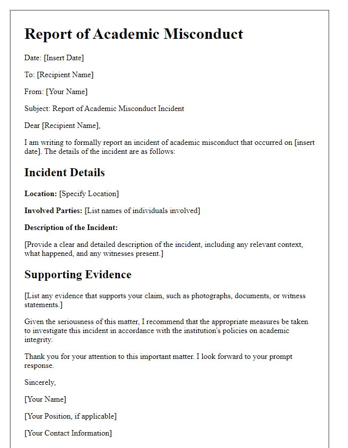 Letter template of reporting academic misconduct incident.