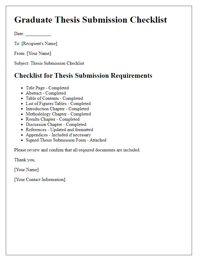 Letter template of graduate thesis submission checklist for requirements