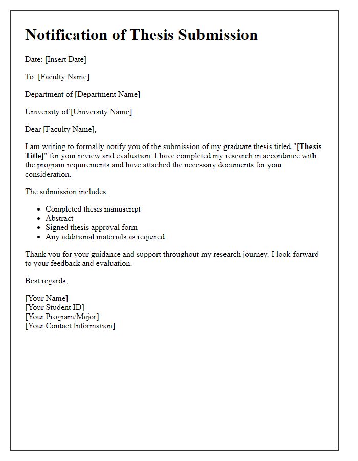 Letter template of graduate thesis submission notification to faculty