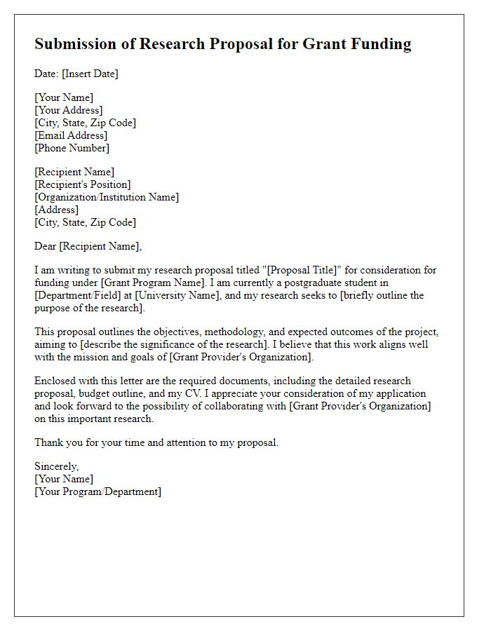 Letter template of postgraduate research proposal submission for grant proposal